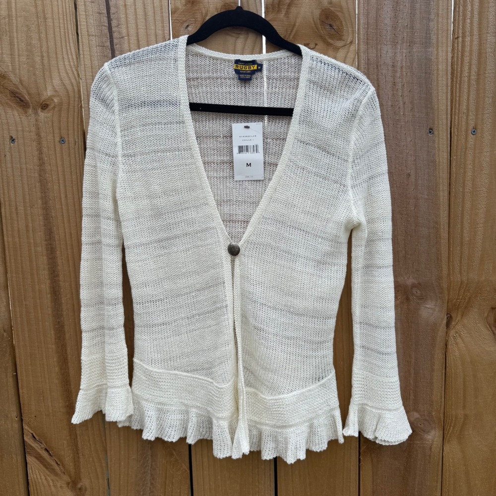 Ralph Lauren Rugby Linen Knit Cardigan Sweater‎ Ruffle Trim Cream M